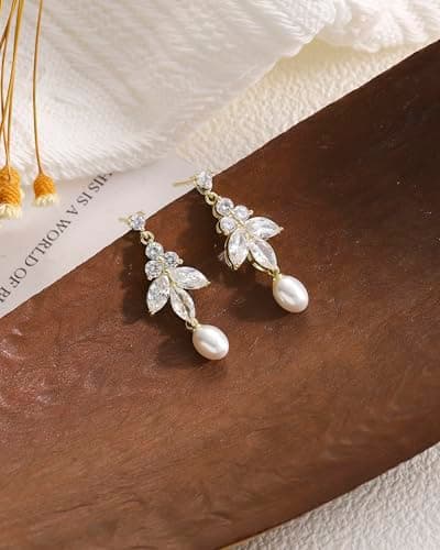 Pearl Earrings for Women, 14k Gold Plated Dangle Pearl Earrings Bridal Shower Gifts Wedding jewelry for Women - Thumbnail 4
