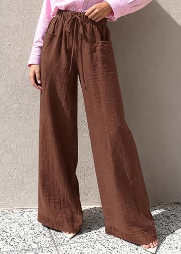 KIRUNDO Wide Leg Palazzo Pants for Women Summer High Waist Flowy Casual Trousers Lounge Pants Beach Vacation Travel Outfits (Brown, Large) - Thumbnail 5