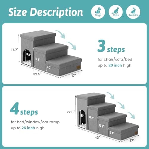 Dog Stairs with Storage, 4-Step Wider Sturdy Dog Steps for Small/Medium/Large Dogs and Older Cats, Doggie Ramp with Condo for Bed/Couch/Car Hold Up to 180 lbs (22.6" H, Grey) - Thumbnail 2