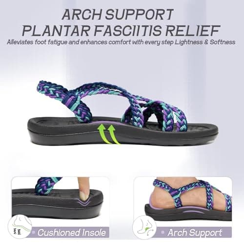MEGNYA Comfortable Womens Walking Shoes for Supportive, Soft Hand-Woven Strap Sandals for Foot and Heel Pain, Wadable Slide Sandals for Summer Beach Boating Purple Blue Size 6.5 - Thumbnail 3
