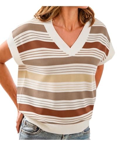 IEEILULU Womens Sweater Vest Striped Color Block Cap Sleeve V Neck Sleeveless Pullover Cute Summer Sweaters Vest Tops Brown Sweater Women Brown M - Image 1