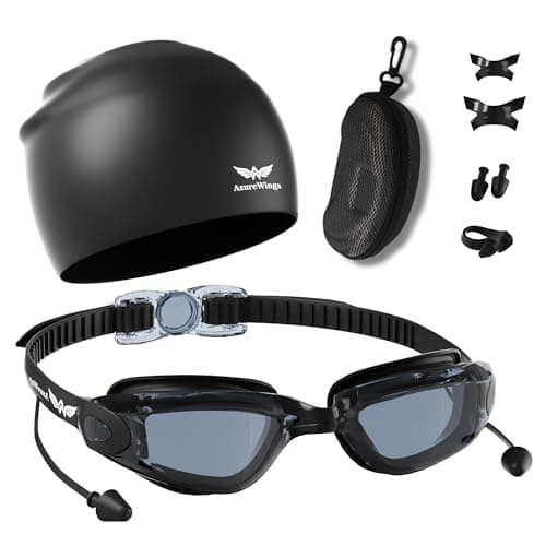AzureWings Swim Goggles + Swim Cap for Men Women,Swimming goggles No Leak Anti-Fog & UV, HD Mirror PC Lens, Wide Vision for Competitive Racing & Swimming（6 in 1） - Image 1