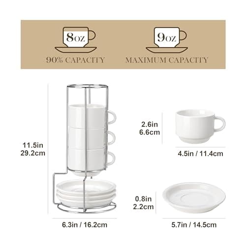 MALACASA 8 OZ Porcelain Espresso Cups with Saucers and Metal Stand Set of 4, Stackable Cappuccino Cups, White Expresso Shots Cup Set for Coffee Drinks, Latte, Tea - Thumbnail 2