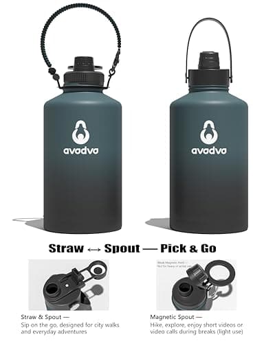 avodvo 1 Gallon Water Bottle with 2 Lids (2-in-1 Straw & Spout Lid, Magnetic Lid), Insulated Water Bottle with Strap, Stainless Steel Water Bottle for Hiking, Gym, Travel, BPA-Free, Indigo/Black - Thumbnail 3
