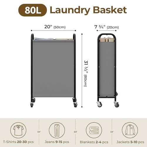 GRANNY SAYS 80L Slim Laundry Hamper with Silent Brake Wheels, Sturdy Metal Frame & Handle, Rolling Laundry Basket for Laundry Room, Bedroom, Bathroom, or RV – Suited for Singles or Couples, Grey - Thumbnail 2