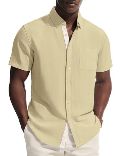 PJ PAUL JONES Mens Button Down Shirt Linen Short Sleeve Dress Shirts for Men Beach Summer Wedding Untucked Shirt Light Yellow - Image 1