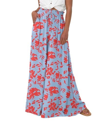 BTFBM Women Casual High Waist Wide Leg Pants 2026 Spring Summer Long Palazzo Pants Pocket Lounge Beach Vacation Clothes(Print Light Blue Red, Small)