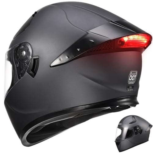 RSYSO Dual Visor Full Face Motorcycle Helmet with LED Tail Light DOT Approved Motorbike Racing Street Bike Helmets for Adult Matte Gray, XL