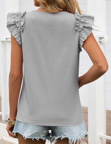 Womens Summer Shirts Trendy Ruffle Short Sleeve Tops Crew Neck Casual T-Shirts Cute Tee Tops Loose Fit Dressy Blouses Beach Vacation Grey XXL - Thumbnail 6