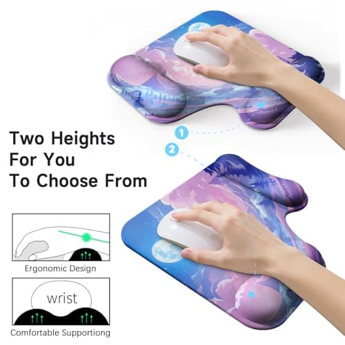 Mcapirivo Ergonomic Mouse Pad with Gel Wrist Rest (1"& 1.2" Dual Height) - Mouse Pads Compact Mousepad Desk Mat Office, Gaming & Carpal Tunnel Relief | Non-Slip Rubber Base| Cloud Moon - Thumbnail 2