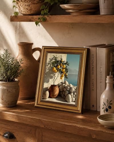 Gold Framed Wall Art, Vintage Mediterranean Lemon Tree Canvas Prints, Coastal Summer Picture Wall Decor, Rustic Italian Landscape Artwork for Kitchen, Living Room, Dining Room 9x11 inch - Thumbnail 4