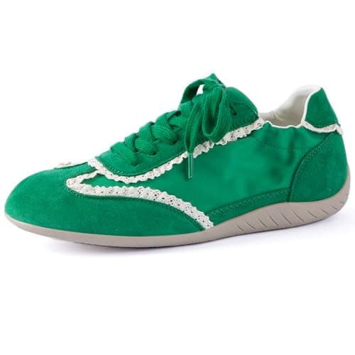 N.N.G Women's Retro Satin Lace Detail Sneakers - Green Suede Cushioned Insole 4-Way Ventilated Casual Daily Walking Shoes Commuting Lightweight Comfort Runner, Size 8 - Image 1