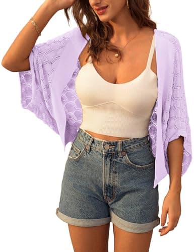 Summer Cardigan for Women 2024 Crochet Oversized Shrug Cardigan Light Purple XXL