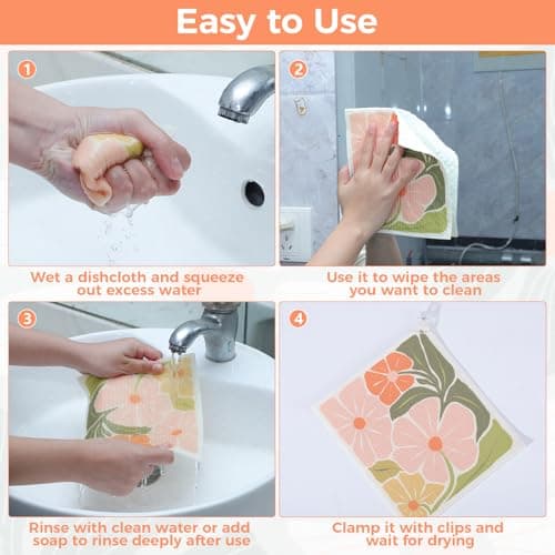 Needbrock 6 Pack Swedish Dishcloths for Kitchen,Abstract Floral Dish Towels with Clips, Reusable Paper Towels Washable Absorbent Cellulose Sponge Cloths No Odor for Cleaning Home Kitchen - Thumbnail 6