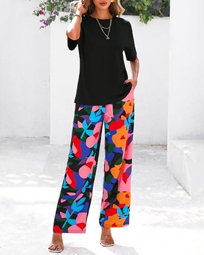 PRETTYGARDEN Women Summer 2 Piece Outfits 2026 Short Sleeve Knit Top Floral Print Belted Wide Leg Pant Sets With Pockets(Floral Black Multicolored,XX-Large) - Thumbnail 3