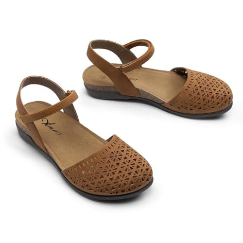 Athlefit Women's Closed Toe Sandals Comfort Cork Footbed Arch Support Flat Sandals Tan Hollow Size 9 - Thumbnail 6