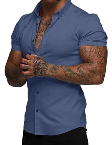 JMIERR Men's Casual Button Down Shirts Short Sleeve Muscle Fit Dress Shirt Solid Slim Fit Wrinkle-Free Shirts for Men - Image 1
