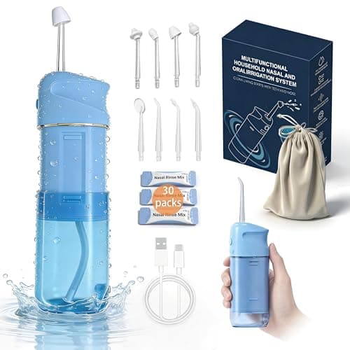 OUKANG Nasal and Oral Dual-Function Irrigation System, Equipped with 8 Nozzles and 30 Packs of Salt Packets, Used to Relieve Sinus Problems and Provide Dual Care for Mouth and Nose.(Blue)