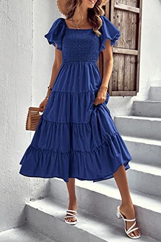 PRETTYGARDEN Women's Casual Summer Midi Dress Puffy Short Sleeve Square Neck Smocked Tiered Ruffle Dresses (Blue,X-Large) - Thumbnail 2