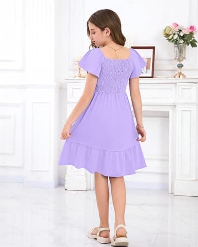 Tween Girl's Summer Short Sleeve Loose Dress Casual Spring Floral Square Neck Midi Dresses 2026 Light Purple 9-10 Years - Thumbnail 2