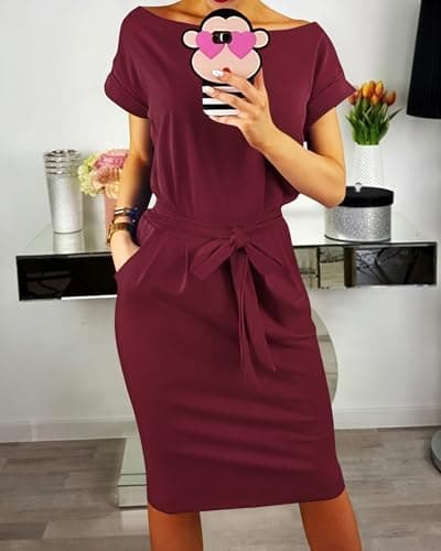 PRETTYGARDEN Women's Summer Short Sleeve Crewneck Striped Dress Basic Solid Tie Waist Office T Shirt Dresses Pockets(Wine Red,Small) - Thumbnail 3