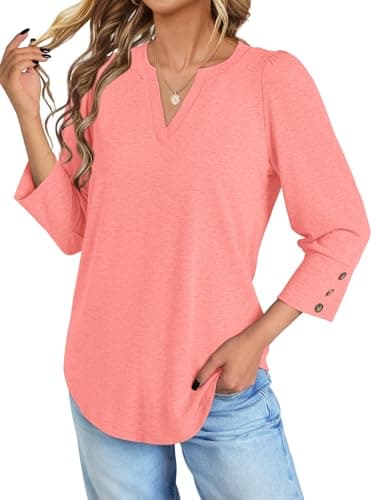 NORACORA Womens Tops 3/4 Sleeve with Buttons Dressy Casual Blouses for Women V Neck T Shirts Beach Vacation Spring Summer Outfits Coral XXL - Thumbnail 2