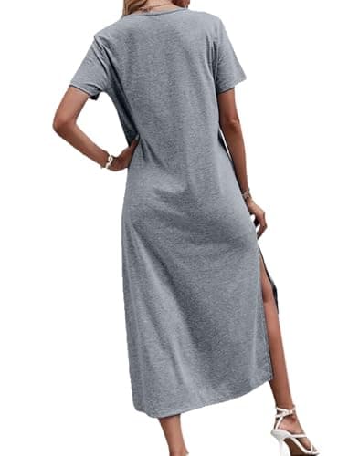 Dyexces Women Summer T Shirt Dress Casual Short Sleeve T Shirts V Neck Maxi Dresses Loose Tshirts Side Slit Long Tshirt Midi Dress with Pockets B-Grey - Thumbnail 3