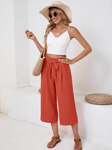 Moodclo Women's Capri Pants Coral Small Casual Palazzo Trousers with Pockets Loose High Waisted Wide Leg Lounge Pants - Thumbnail 5