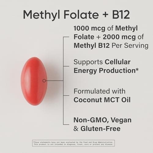Sports Research® Methyl Folate + B12-1000 mcg L-Methylfolate & 2000 mcg Methylcobalamin for Cellular Energy Support - Vegan B12 w/Coconut MCT Oil - Non-GMO, Gluten Free - 90 Veggie Softgels - Thumbnail 2