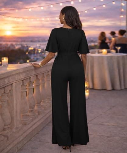 ABKY Jumpsuits For Women Dressy Batwing Sleeve Belted Wide Leg Romper Formal Wedding Evening Party Jumpsuit One Piece Outfits Black L - Thumbnail 3