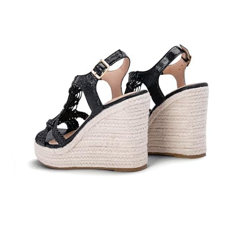 Women's Platform Wedges Sandals Jute Espadrilles for Women Ankle Buckles Dressy Comfortable Beach Wear Wedge Heels Bohemian Summer Dress Sandal for Causal Tropical Vacations Weddings sandalias de plataforma para mujer Glitter Black Size 7 - Thumbnail 5