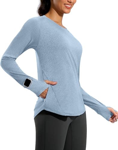G Gradual Long Sleeve Workout Tops for Women Quick Dry Lightweight Running Athletic Shirts with Zip Pocket Moisture Wicking(Dusty Blue,XS) - Image 1