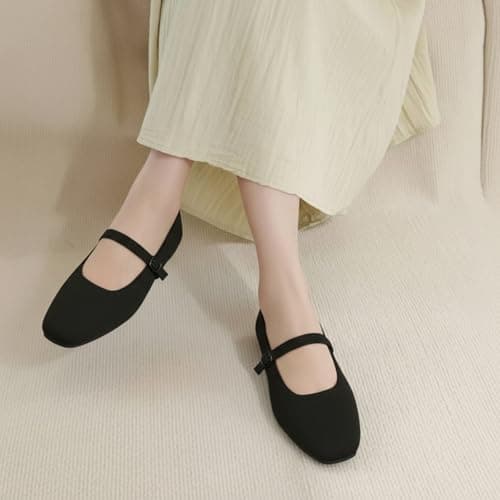VUN Knit Flats for Women - Square Toe Ballet Flats with Adjustable Ankle Strap and Arch Support, Mary Jane Shoes for Dressy Office & Casual Comfort (Black,9) - Thumbnail 2