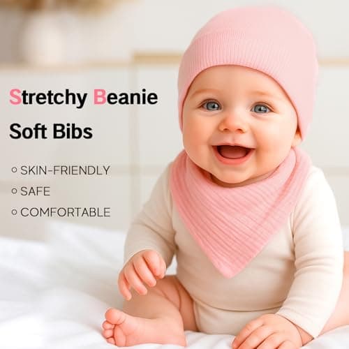 Sofier Baby Hats and Bibs Baby Beanies for Unisex Newborn Infant 0-6 Months Boys Girls Gift Set(US, Age, 0 Months, 6 Months, Pink) - Thumbnail 2