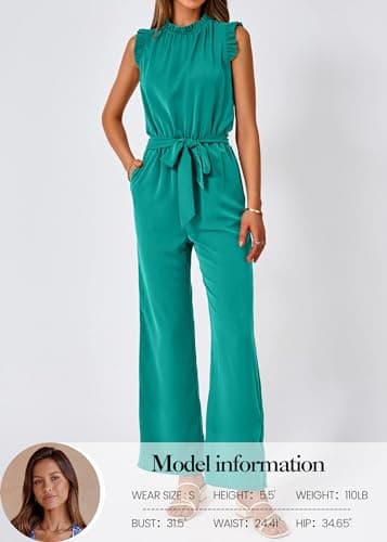 KIRUNDO Jumpsuits For Women Dressy Summer One Piece Sleeveless Ruffle Mock Neck Belt Pockets Formal Wide Leg Pants Romper(Lake Blue, XX-Large) - Thumbnail 2