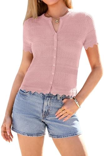 dowerme Women Summer Cardigan Sweaters 2026 Fashion Short Sleeve V Neck Crochet Crop Tops Spring Beach Vacation Clothes(Pink,Small) - Image 1