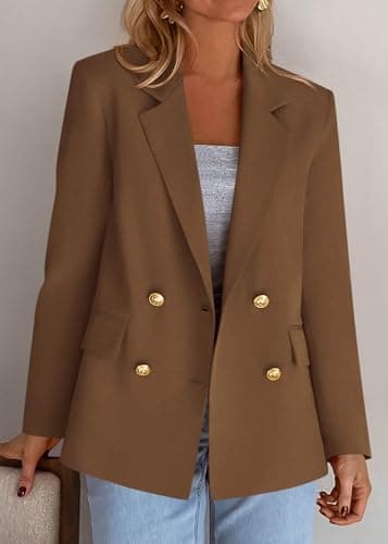 KIRUNDO Blazers for Women Business Casual 2025 Fall Long Sleeve Double Breasted Open Front Work Suit Jackets with Pockets(Brown, Small) - Thumbnail 2