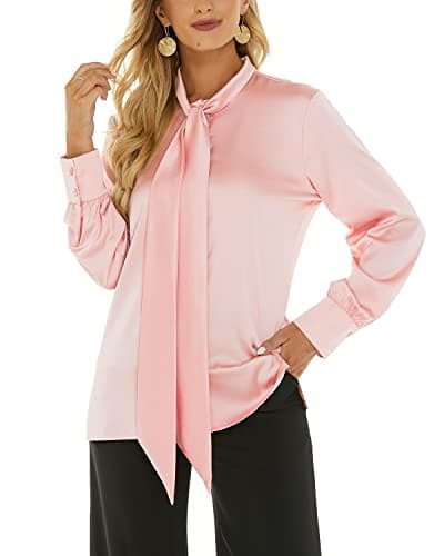 Women's Satin Blouse Bow Tie Neck Long Sleeve Button Down Shirt Casual Office Blouse Top (Pink, X-Large) - Thumbnail 5