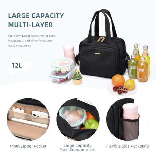 GOLF QUALITY Insulated Lunch Bags for Women,Lightweight Puffy Padded Waterproof Lunch Tote,Reusable Lunch Cooler Bag for Work Picnic Travel,Black - Thumbnail 3