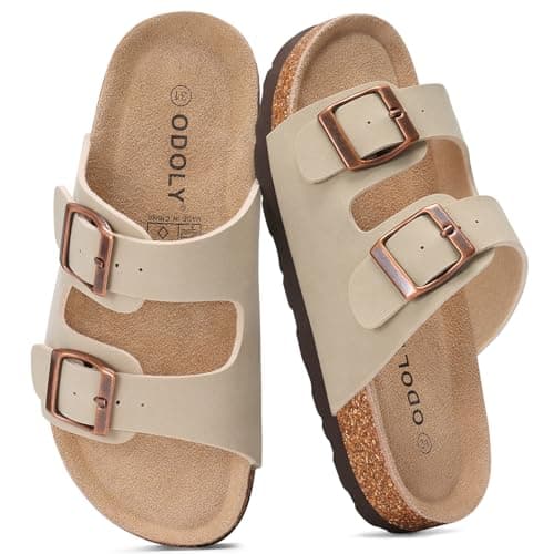 ODOLY Boys Girls Cork Footbed Slide Sandals, Non-Slip Summer Sandals with Adjustable Buckle for Little/Big Kid, Stone 30 (Little Kid 13 M) - Image 1