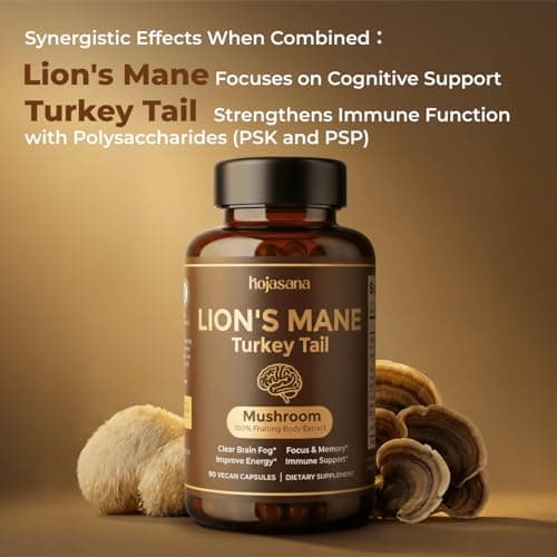 HojaSana Lion's Mane Supplement Capsules with Turkey Tail Mushroom, 30% Beta-Glucan, 100% Fruiting Body, Melena de Leon for Brain Health, Focus, Memory & Immune Support, 90 Vegan Gluten-Free Capsules - Thumbnail 3