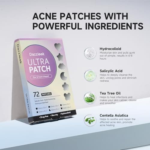 Dazzlook Cute Star Pimple Patch with Salicylic Acid & Tea Tree Oil – Hydrocolloid Stickers, Mix Shapes, Holographic Colors, Vegan, Cruelty-Free, 72 Count for Zits, Blemishes, Breakouts - Thumbnail 2