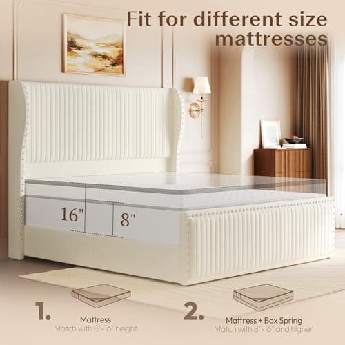 Belffin Queen Bed Frame with 55.1" Tall Headboard, Upholstered Soft Velvet Platform Bed with Nailhead Trim Wingback Design, Strong Wooden Slats, No Box Spring Needed, Noise-Free, Easy Assembly, White - Thumbnail 4
