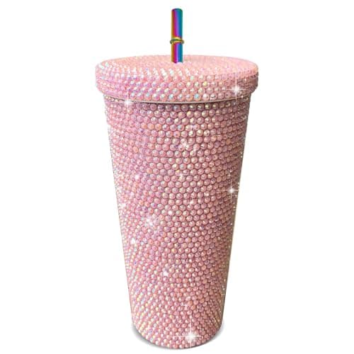 26oz Bling Rhinestone Studded Tumbler with Lid and Straws, Bling Cups Stainless Steel Water Bottle Diamond Glitter Tumbler for Women - Birthday Gifts for Women, Mom,Get Well Soon Gifts (Pink) - Image 1