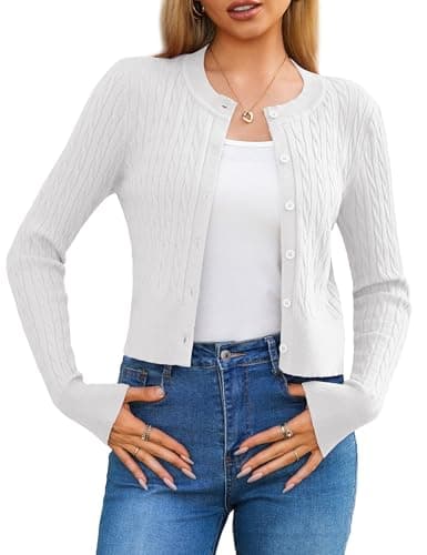 LETDIOSTO Women's Lightweight,Micro-Cable Cropped Cardigan Sweaters XS-XL White - Image 1