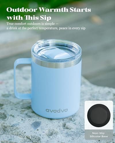 avodvo 12oz Insulated Coffee Mug with Lid – Includes Two Lids, Stainless Steel Coffee Travel Mug with Handle, Double Wall Vacuum Insulated Camping Mug for Home, Office & Outdoor, Light Blue - Thumbnail 6