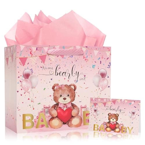 Baby Shower Bear Gift Bag – 12 Inch Pink Bear Girl Gift Bag Set for Women Mother New Parents Newborn Party Includes Tissue Paper Foldable Greeting Card – Perfect for Babyshower Gender Reveal Party Supplies Decorations - Image 1