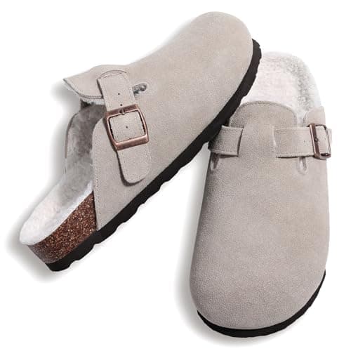 KIDMI Women's Fur Lined Suede Clogs Fuzzy Cork Footbed Mules Slip On Winter Potato Shoes, Grey 37 (Size 6-6.5) - Thumbnail 6