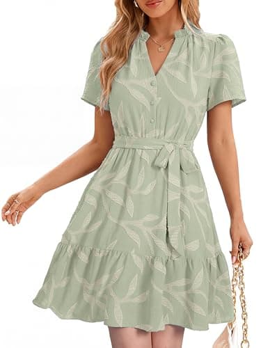 Simplee Womens Short Summer Dresses Casual 2026 Short Sleeve V Neck Empire Waist Belted A Line Flowy Cute Dress Sage GreenM - Image 1