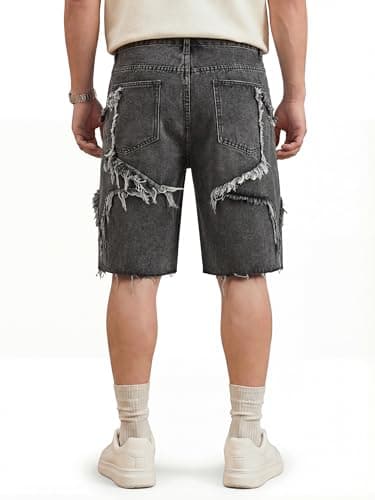 JMIERR Men's Jeans Shorts Baggy Loose Fit Knee-Length Jorts Mid Rise Wide Leg Vintage Y2K Hip Hop Streetwear Denim Shorts, Black, X-Small - Thumbnail 4